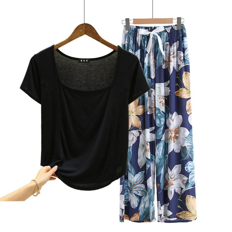 Fashion U Nek Tshirt and Floral Wide leg pants Summer fashion homewear 2pcs suit Loose Casual pajamas set comfort loungewear plus size