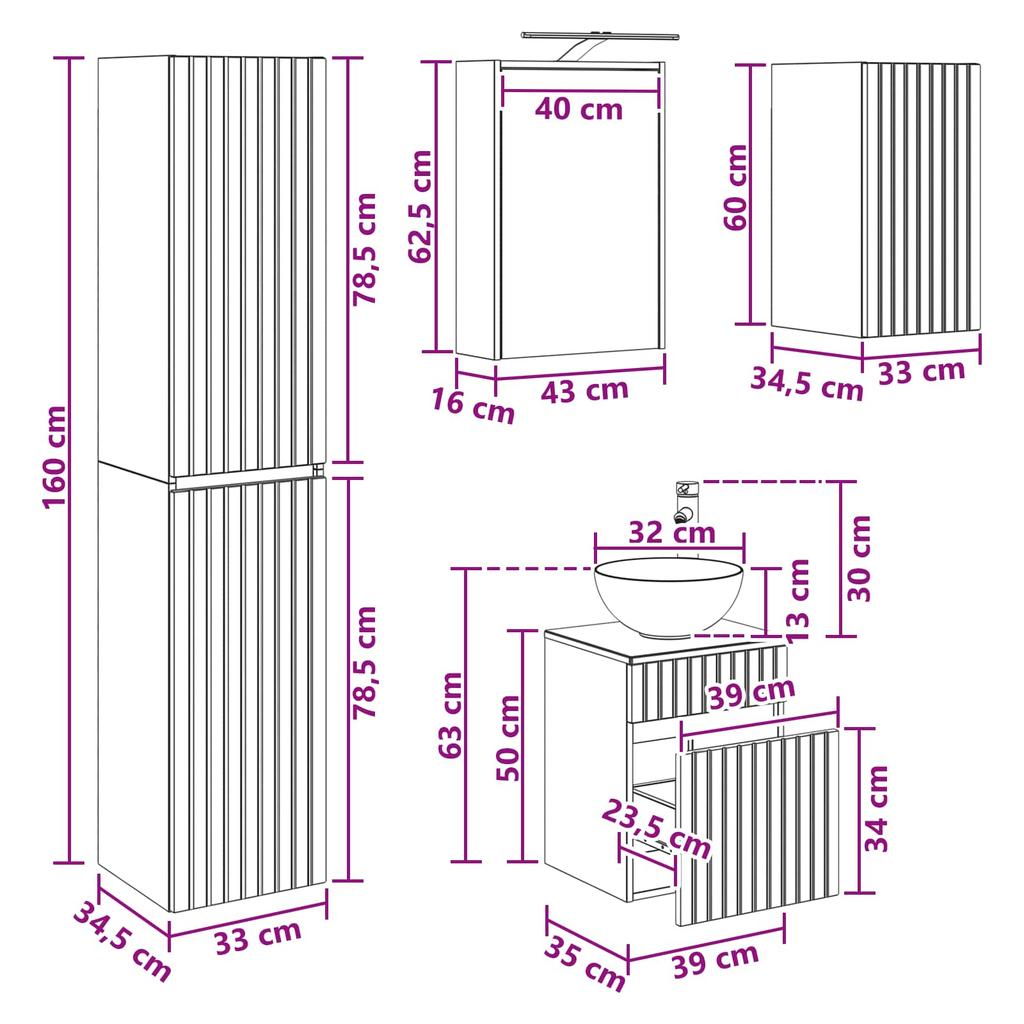 Bathroom Furniture Set 3 Pcs Grey Sonoma 33 X 34.5 X 160 Cm