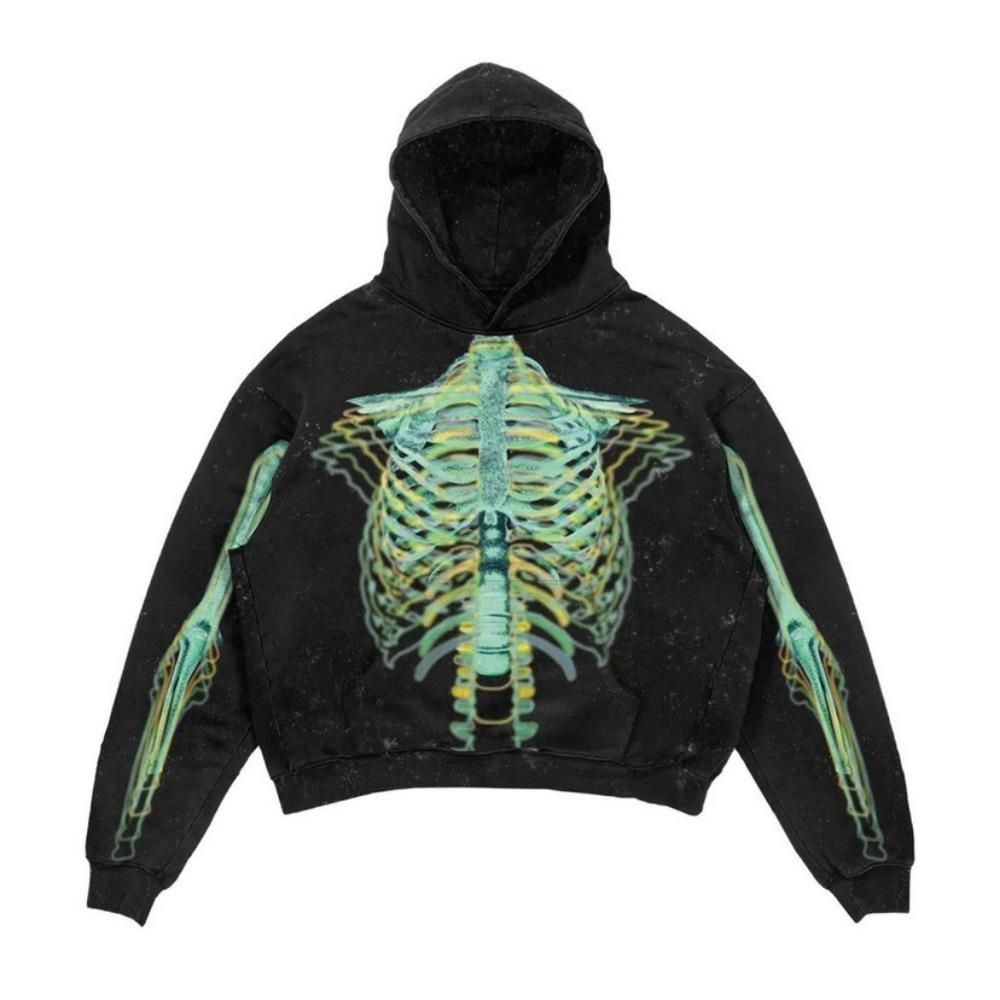 ZYLLO Punk Style Skull Washed Long Sleeve Pullover Hoodie Hip Hop Retro Street Loose Oversized Sweatshirt Harajuku Gothic Top
