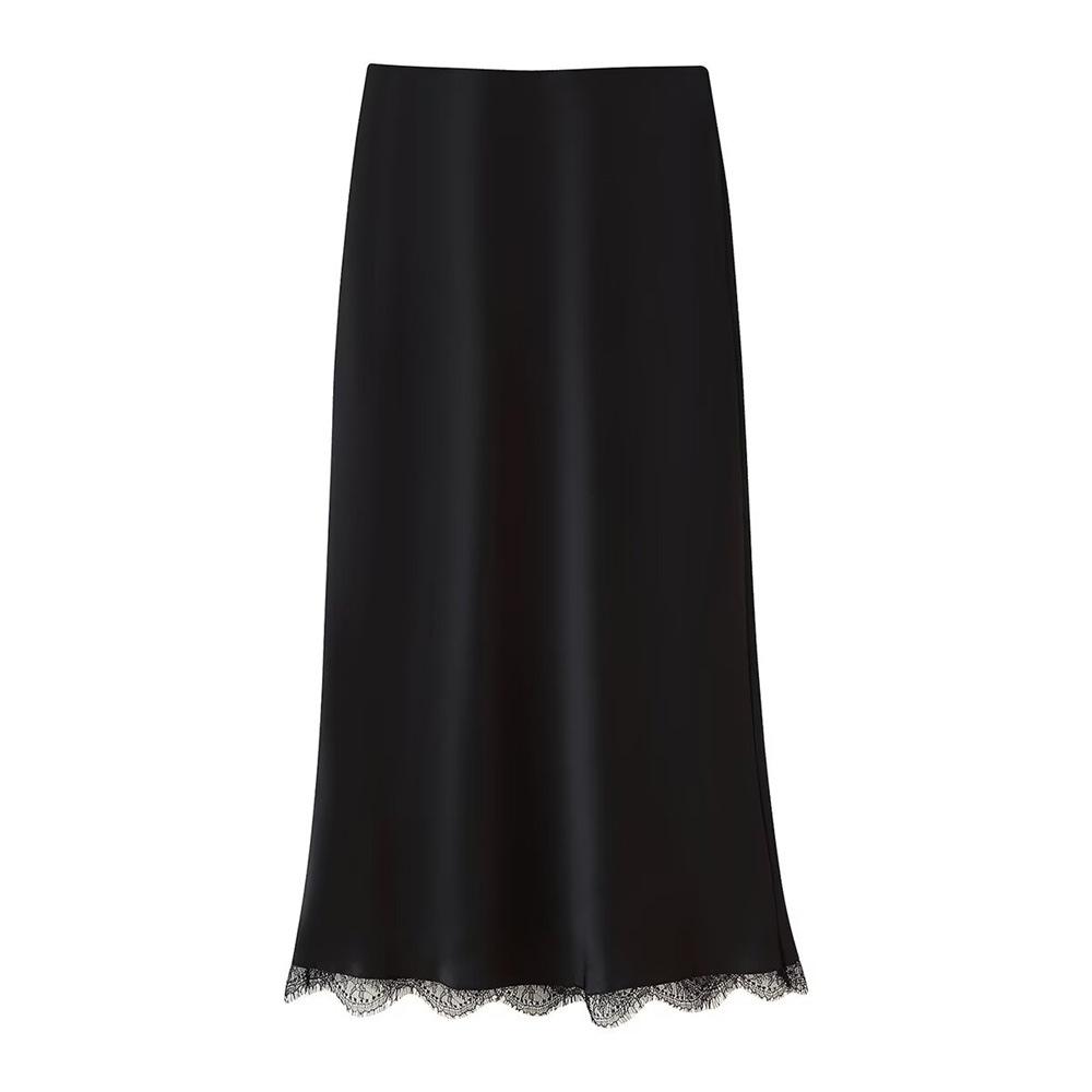 Women's Casual Slimming Satin Midi Skirt with Lace Trim
