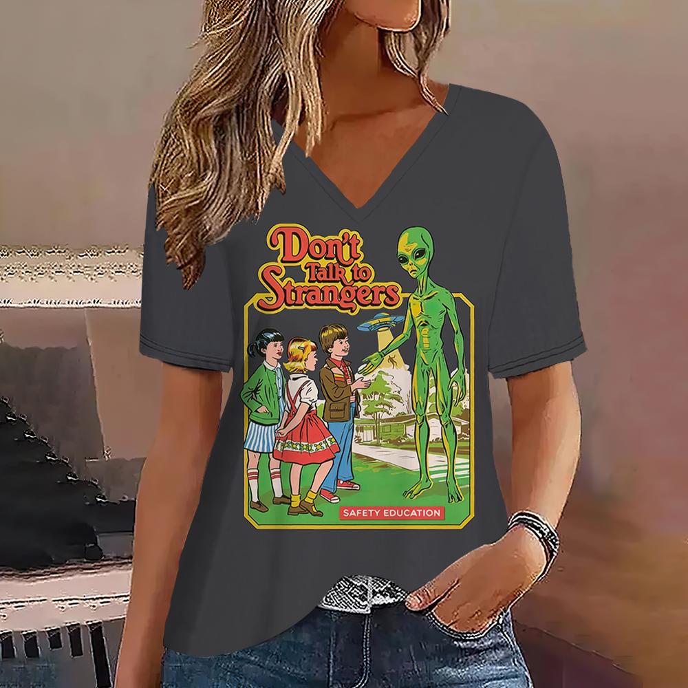 

Мультяшный инопланетянин Классический мультфильм с принтом Женская футболка Ретро мода Повседневная Оверсайз Воротник Женская летняя одежда S