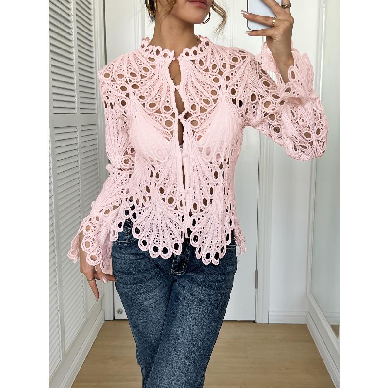 2026 Autumn New Lace Hollow Out Solid Color Top Fashionable Casual Long Sleeve Shirt for Women