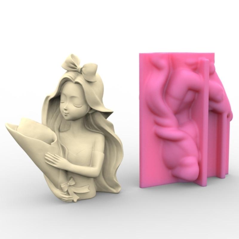 Flower Pot Silicone Mold Vase Epoxy Resin Mold Girl Holding Flowers Succulent Planter Pot Pen Holder Making Mold Crafts