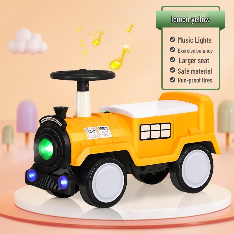 

Детская машинка-каталка с музыкой и светом - Четырехколесный скользящий поезд лимонно-желтый