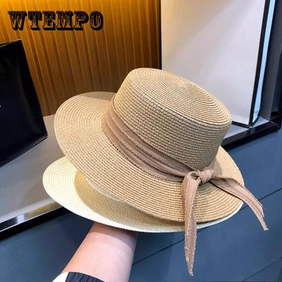 Women's Summer Straw Hat with Ribbon, Wide Brim Sun Protection Beach Cap, Elegant Flat Top Fisherman Hat for Outdoor Use