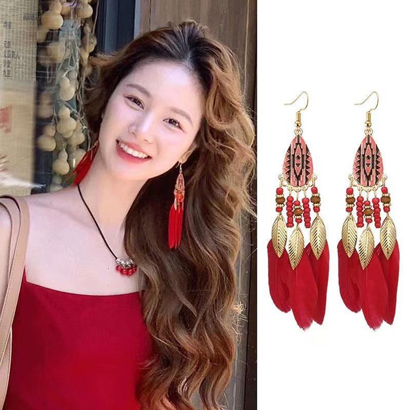 

Bohemian Vintage Long Exaggerated Irregular Feather Earrings For Women Ethnic Feather Stud Earrings Party Jewelry Gift