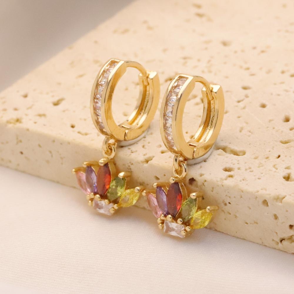 1 Pair Exquisite Colorful Geometric Leaves Zirconia Dangle Earrings for Women Golden Earring Jewelry Wedding Party Accessories