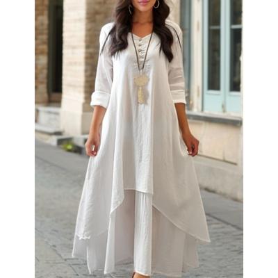 Vintage Summer Bohemian Midi Dress Women Elegant Solid Layered Long Sleeve Dresses Fashion Loose V-neck Casual Streetwear Vestidos
