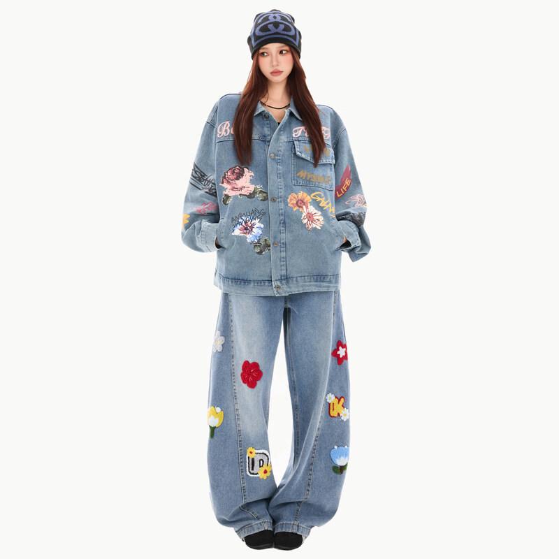 Unisex Retro Floral Print Loose Fit Denim Jacket