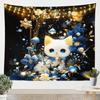 Cute White Cat Tapestry Magical Kitten With Blue Flowers Mushrooms And Golden Sparkles Print Wall Hanging For Bedroom Decor
