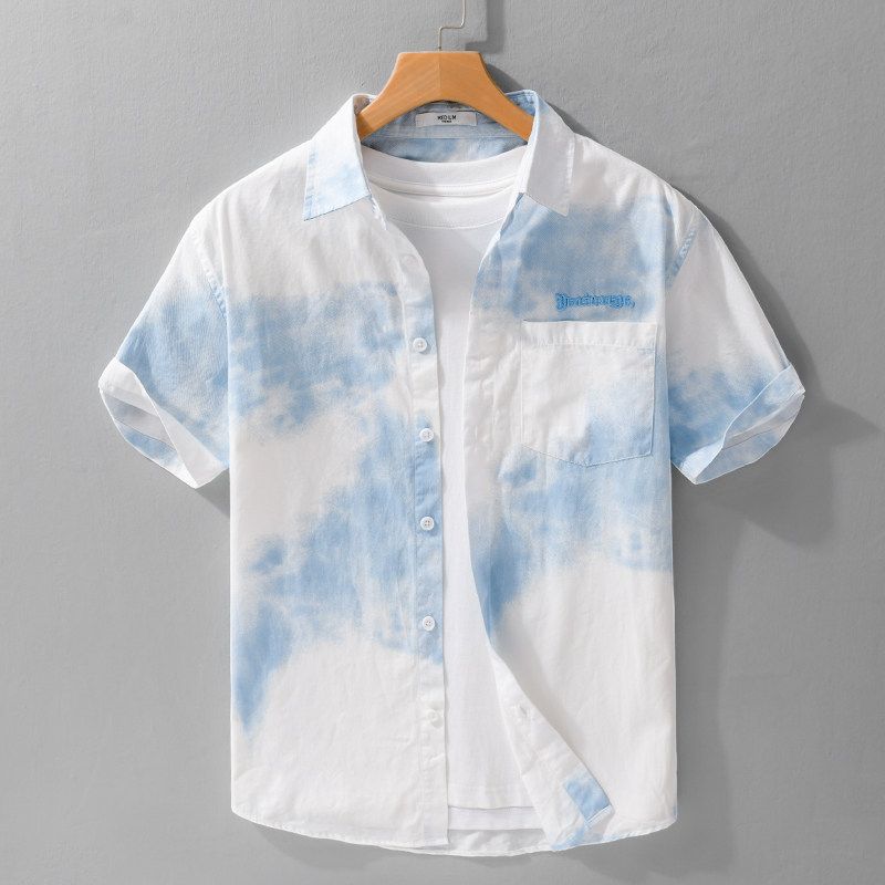 Summer Embroidery Gradient over Print Short sleeve Shirts Men's Cotton Hawaiian Advanced Casual Shirt 2025 New