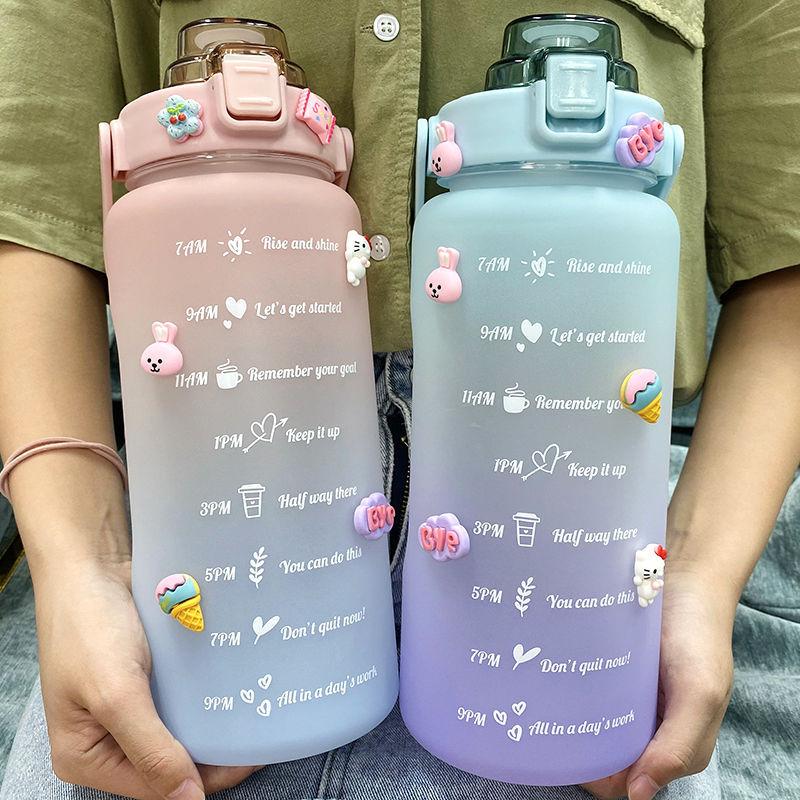 2l velkokapacitní láhev na vodu s brčkem, vysokoteplotní plastový kelímek na vodu s časovou stupnicí, matný venkovní sportovní kelímek pro studenty a páry