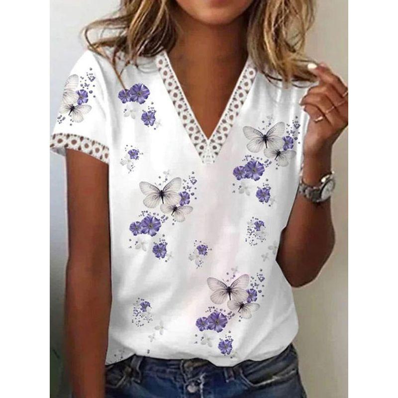 

Printed Lace V-neck T-shirt Short Sleeve Print Lace V Neck T-shirt purple S