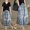 Spring Autumn Women Midi Denim Skirt Elastic Waist Floral Print Vintage Skirt Retro Elegant Ladies's Skirt With Pockets