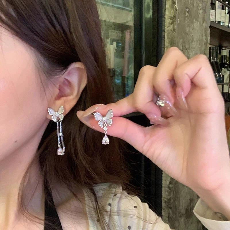 Micro-inlaid zircon asymmetric butterfly stud earrings women s light luxury design earrings sweet ears