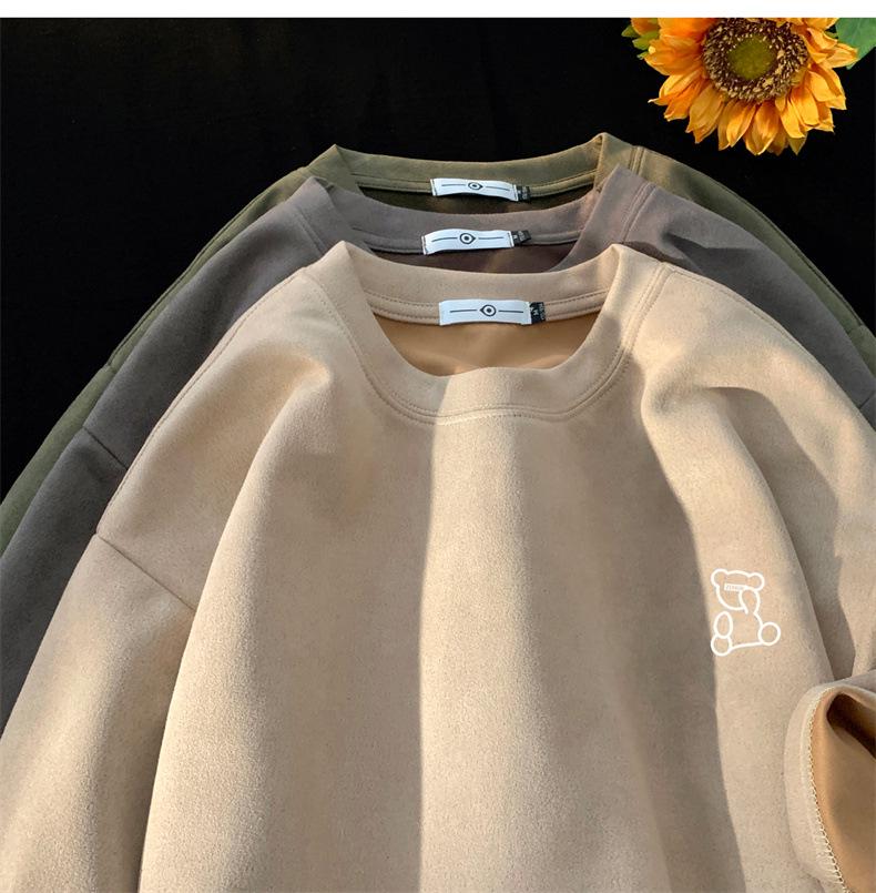 American Retro Men's Oversized Suede Short Sleeve T-Shirt - Trendy Summer Fashion, Small Collar, 5-Point Sleeve, 220g Heavyweight.