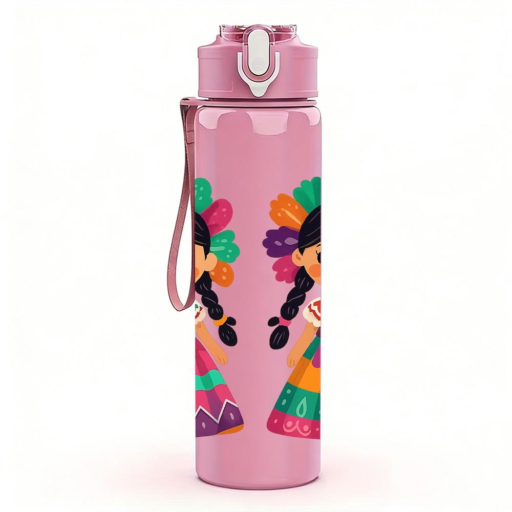 1PC Two Mexican Girl Cartoon Duo 750ml Color Plastic Sports Water Bottle Leakproof Flip Straw Lid For Sports Office Home Use