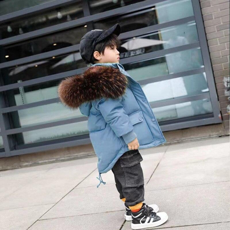 Children's Hooded Fur Collar Down Jacket Baby Boys and Girls Winter White Duck Down Thickened Irregular Zipper Cotton Jacket
