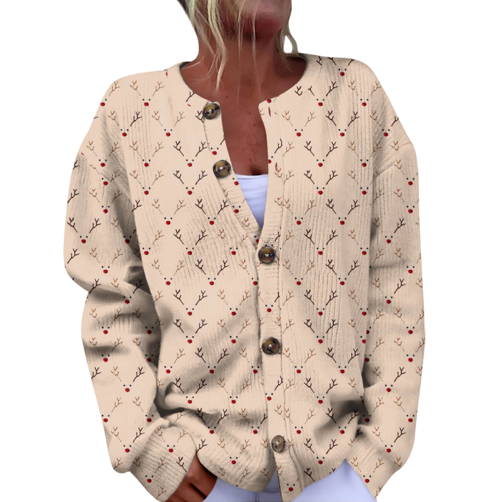 Women s Fashion Christmas Printed Long Sleeve Knitted Cardigan Button Down Jacket M