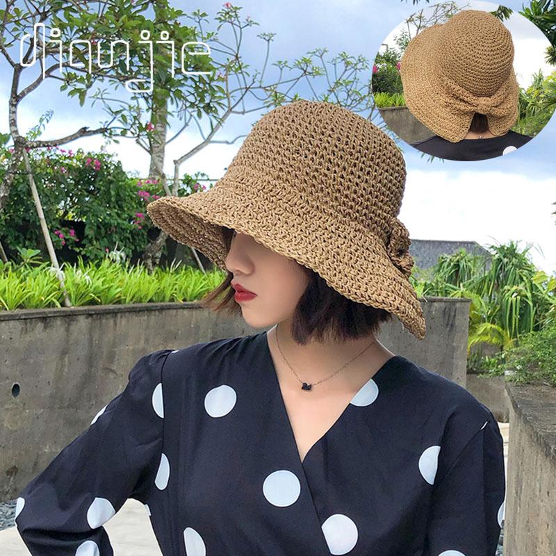 Garden Supplies My Women's Khaki 2021 Handmade 100%Raffia Bow Sun Hat Wide Brim Floppy Summer Hats For Beach Panama Straw Dome Bucket Hat Femme Shade Hat 56-58Cm