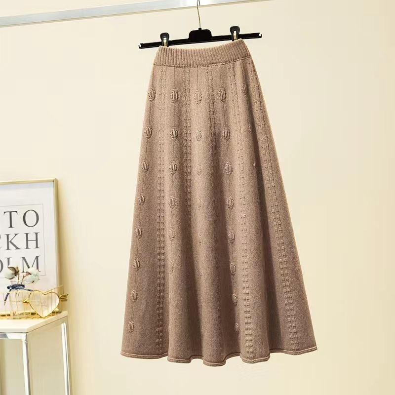 High Waist Jacquard Women's Autumn Winter Knitted Midi Half Skirt A-Line Umbrella Skirt Elegant Wool Long Skirt to Match Sweaters