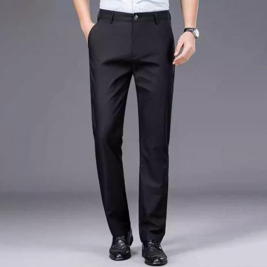 Men Business Pants Straight Leg Anti-wrinkle Solid Color Mid Waist Soft Thickened Plush Formal Style Elastic Pockets Men Office Commute