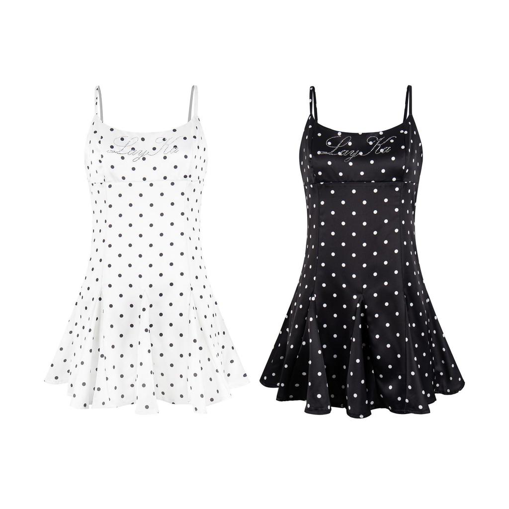 Summer '26 American Retro Polka Dot Rhinestone Strappy Dress for Women