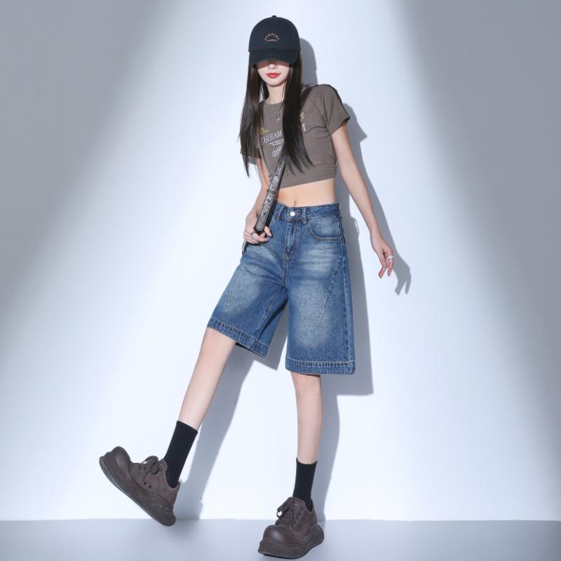 High Waist Black Retro Washed Denim Shorts Women'S Harajuku Vintage Fashion Casual Loose Y2K Streetwear Mid Long  Wide Leg Pants
