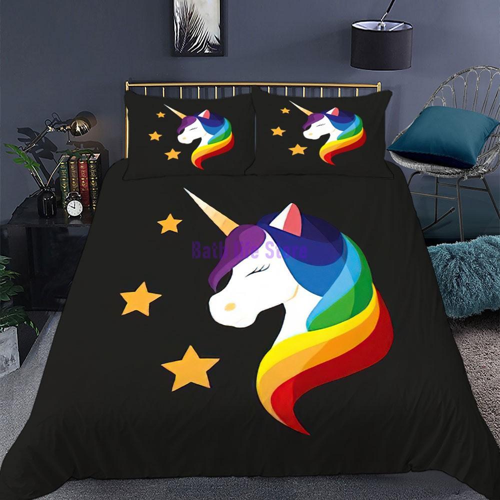 Cartoon Unicorn Lucky Kids Girls Pink Bedding Set Cartoon Duvet Cover Bedcllothes Animal Printed Queen King Size Bed Linens
