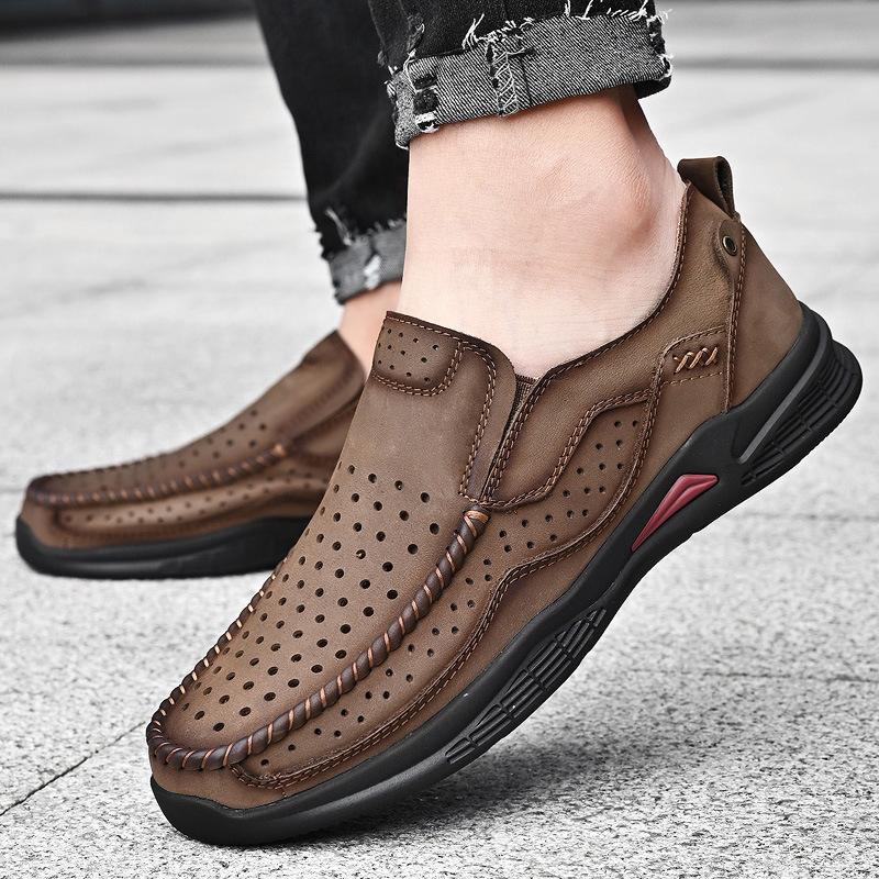 First Layer Cowhide Spring and Summer Men's Shoes Waterproof Non-Slip Outdoor Hollow Casual Shoes Men's Leather Mountaineering Men's Leather Shoes
