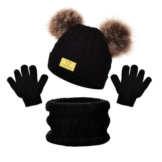 Yousheng 3Pcs/Set Kids Winter Hat Scarf Gloves Set Two Plush Ball Decor Twist Texture Brimless Hat Knitting Gloves Fleece Lining Neck Gaiter Set