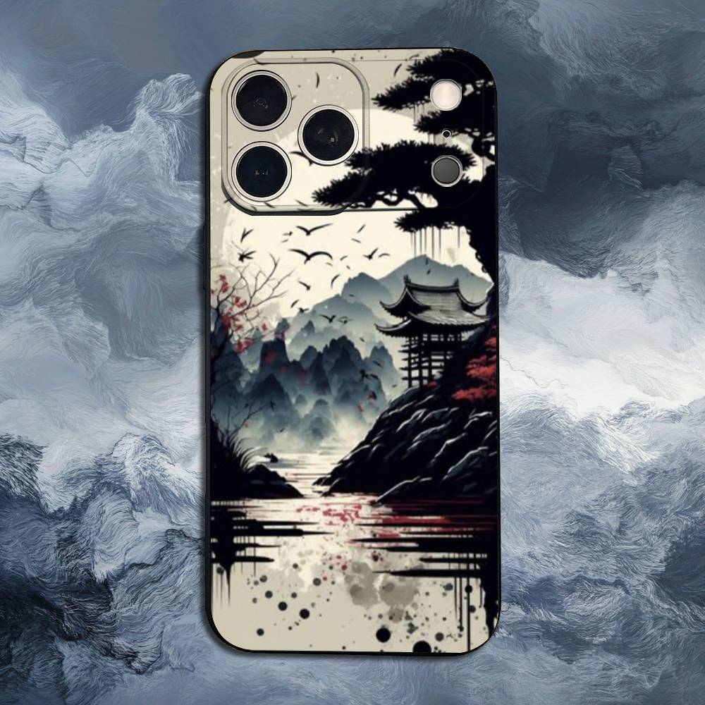 Art Japanese Style For iPhone 12,16,11,14,15,17,13,X,Mini,SE,Max,8,7,XR,XS,Plus,Pro,Soft Silicone Black Case