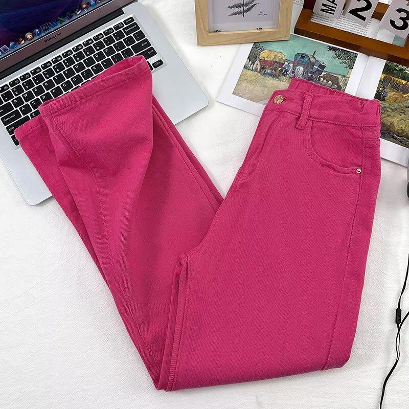 2024 Autumn Rose Red High-Waisted Straight-Leg Jeans for Pear-Shaped Bodies