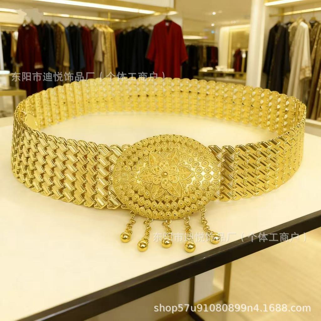 Turkish Bride Gilded Metal Waist Chain - Ethnic Style Decorative Wide Waistband for Women's Long Dresses