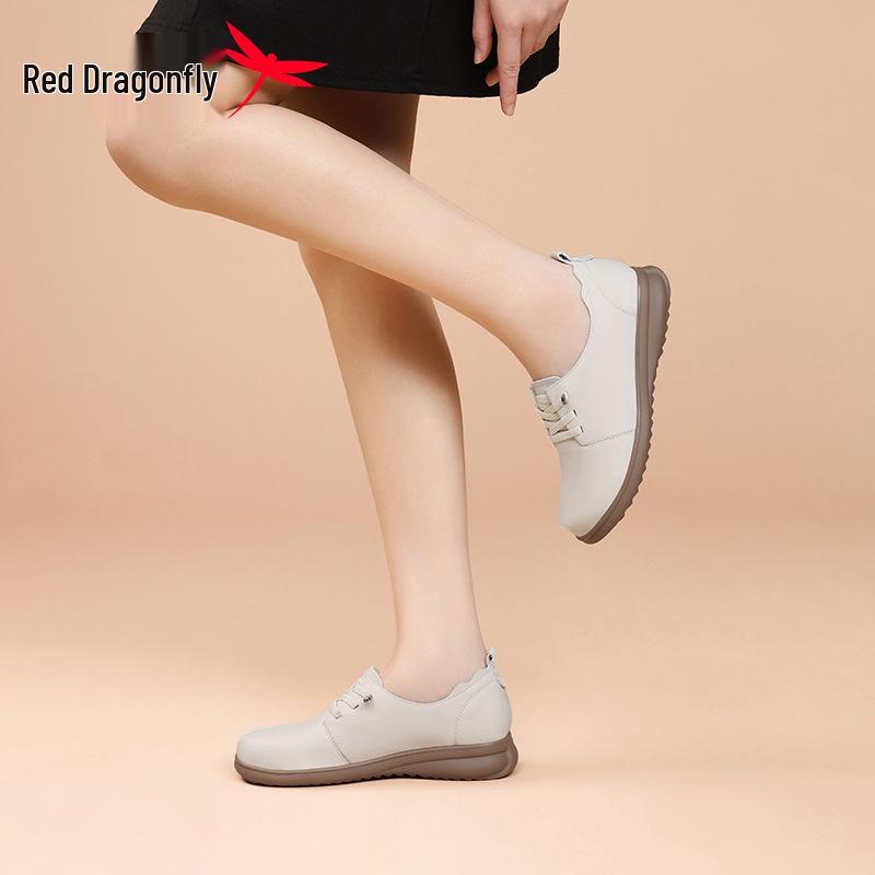 Red Dragonfly Women's Genuine Leather Flat Casual Shoes - Soft Sole Cowhide Mother’s Spring Work Shoes