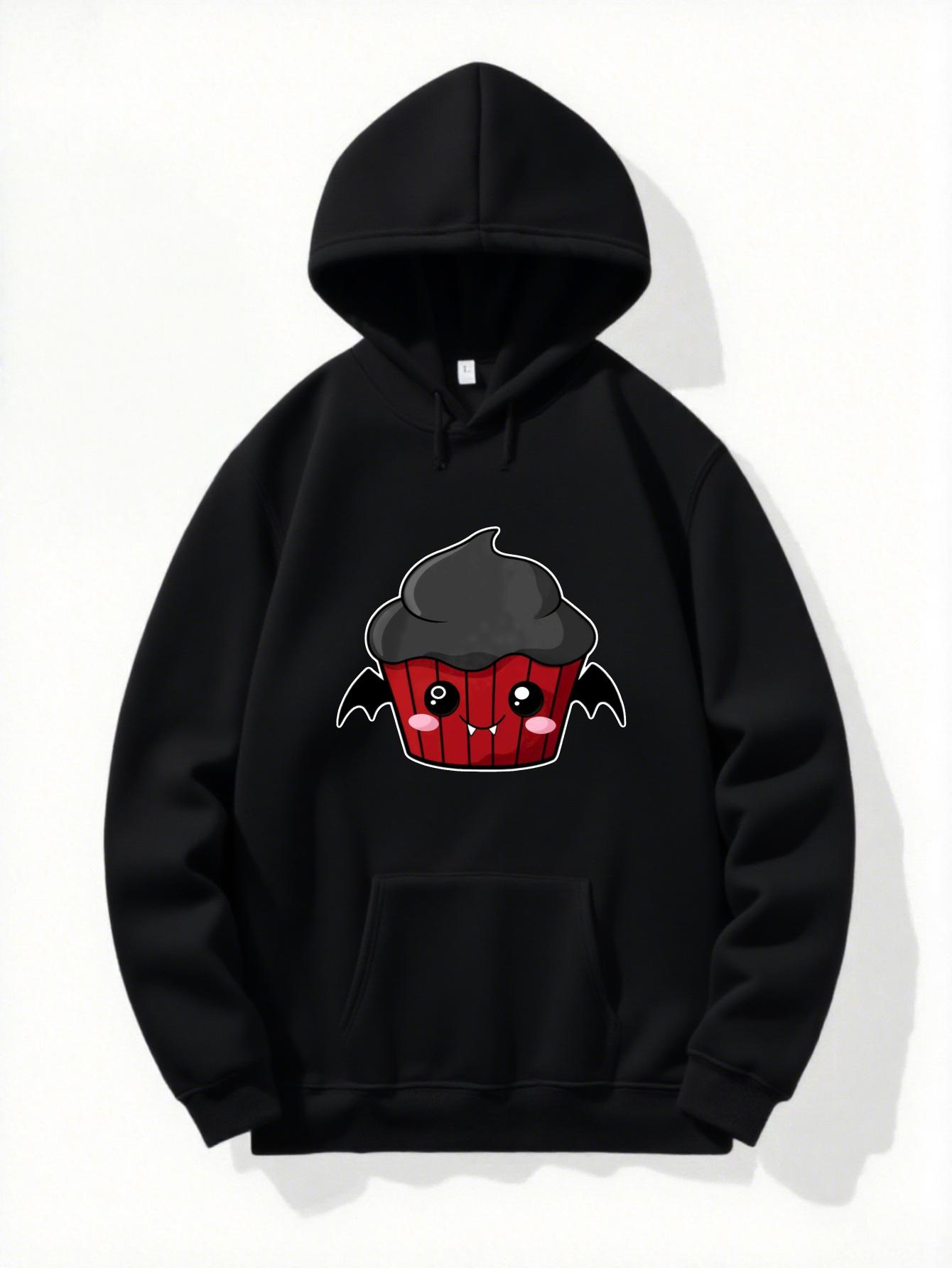 

Men S Hoodie - Black with Red Cupcake & Devil Wings Graphic - Hooded Pullover Sweatshirt for Halloween, Christmas 3XL
