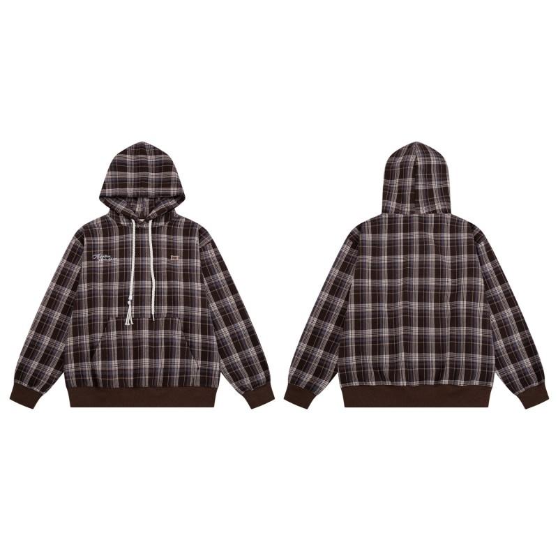 American Vintage Plaid Embroidered Hoodie Loose Fit Casual Pullover Men Women Couple