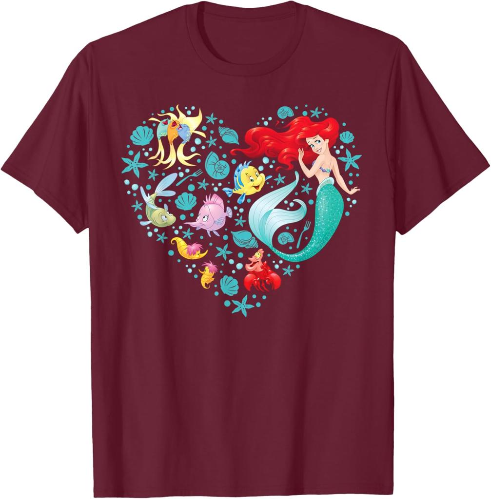 Hot Fashion Casual Disney Princess Ariel Flounder and Sebastian Collage Heart T-Shirt S-4XL Four Seasons