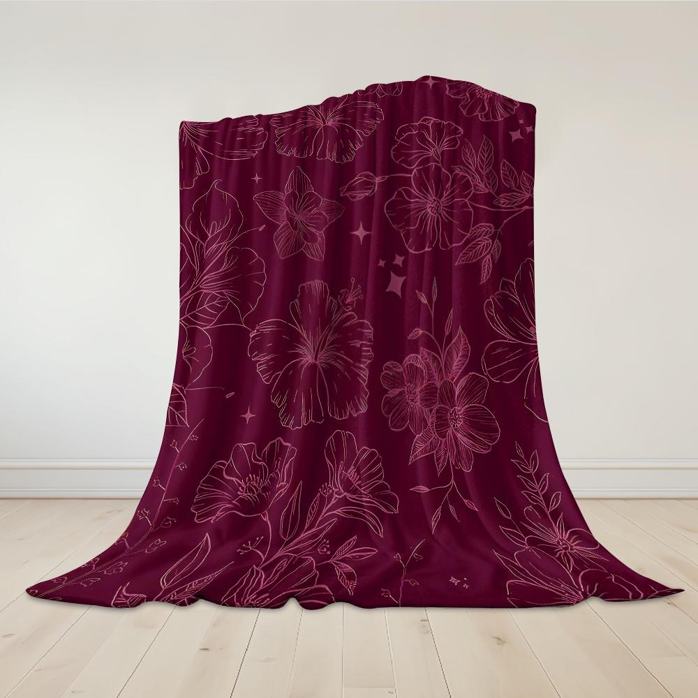 Couverture en Flanelle Étoiles Florales Bordeaux Chaude Douce Halloween Noël Canapé Chaleureux Confortable Décoratif Cadeau pour Toutes les Saisons