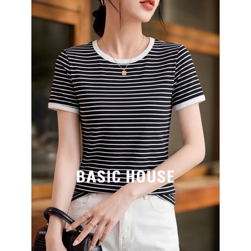Basic House Women s Striped Cotton Round Neck Short Sleeve T-Shirt L