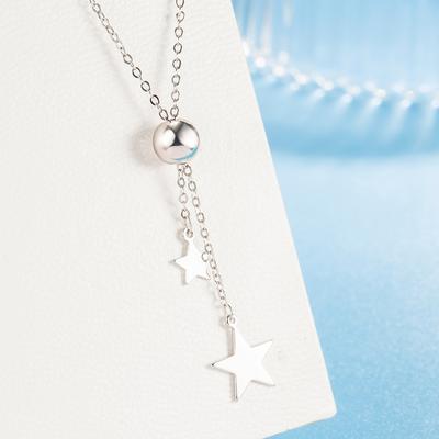 Colar com pingente de borla de estrela e contas de puxar para mulheres, design exclusivo, cor prata, suéter, corrente, gargantilha