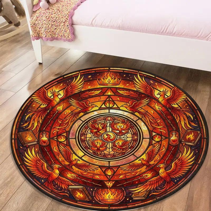 Phoenix Retro Mandala Round Area Rug,Carpet Rug for Living Room Bedroom Sofa Playroom Decor,Non-slip Floor Mat Q0029