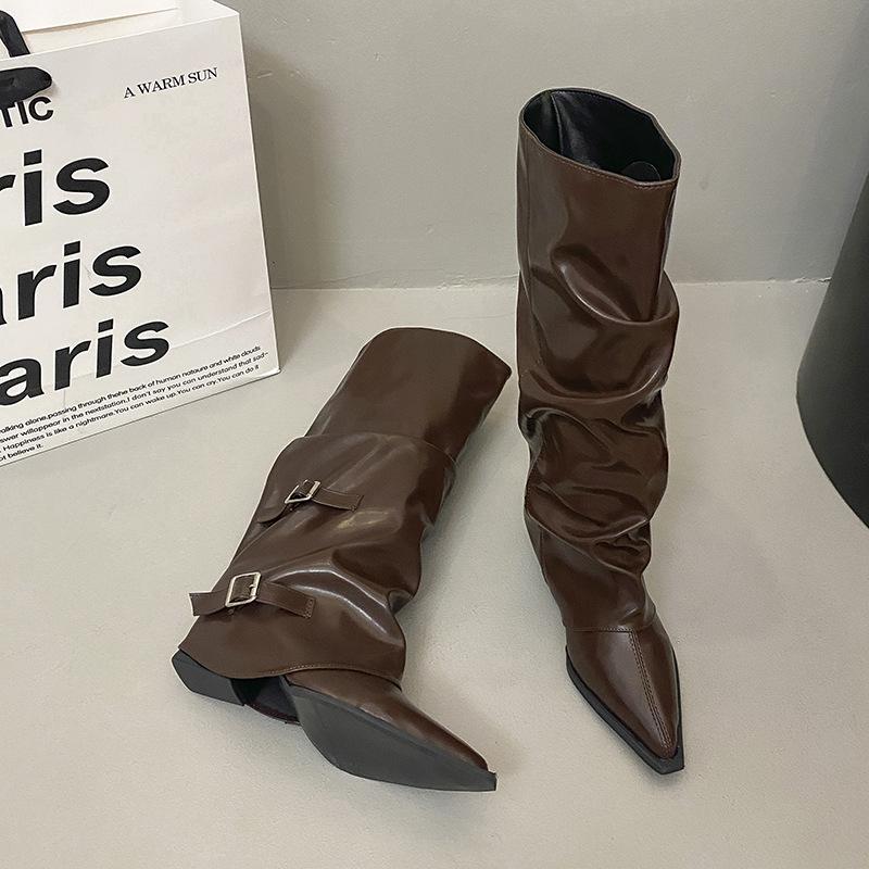 2025 Autumn and Winter New Pointed Thick Heel Niche Thin Boots But Knee Fashion Boots Soft Belt Buckle Trouser Tube Boots