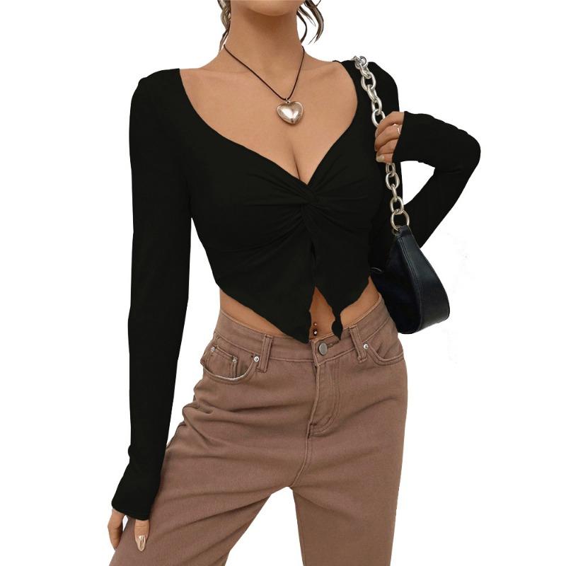 Women's Autumn and Winter New Slim V-neck Twist Fashion Sweater Ultra Short Long Sleeve Top