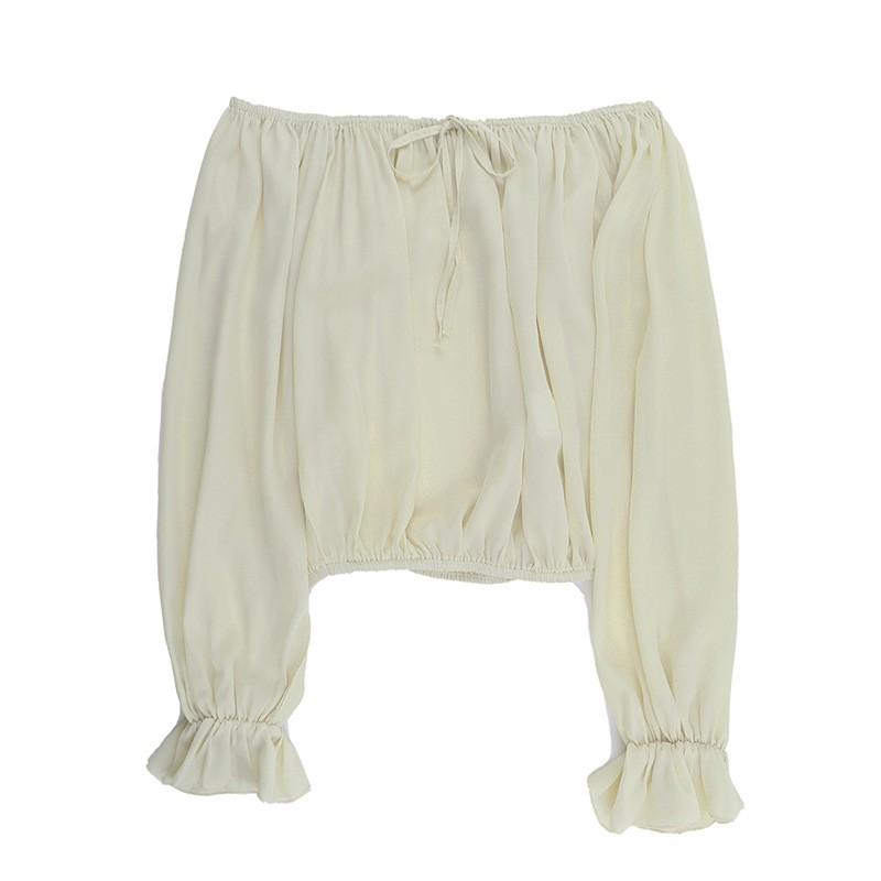 Womens Off Shoulder Long Sleeve Top Lantern Tie Waist Loose Fit 2025 Street Style Sexy Solid Color