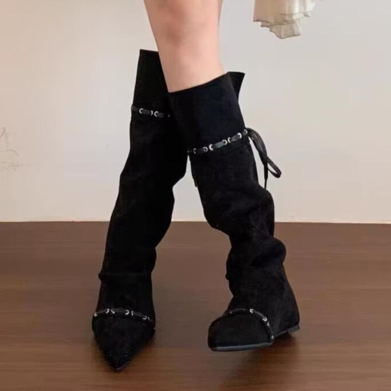 Fashion Inside Boot Single Boot Autumn New Pointed Toe Suede Studded Lace-Up Soft Sole Anti-Slip Wear-Resistant Tall Boots