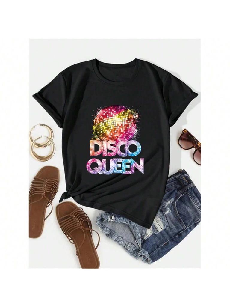 2025 New Women Disco Queen 70's Disco Themed Vintage T-Shirt Casual Comfort Round Neck Women's Top Summer