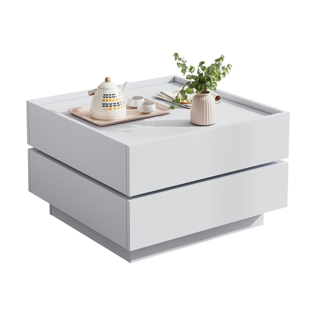 Functional Coffee Table for Living Room, 360 degrees Rotatable, Rotating Tabletop with 2 Shelves and Storage Space, Side Table Frame Pure White