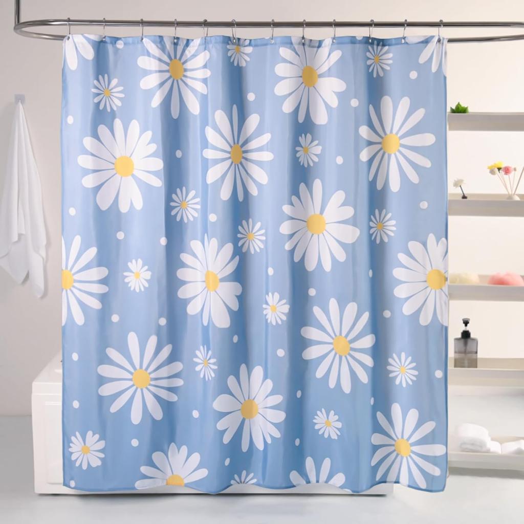 Pink Floral Shower Curtain Set Cute Daisy Girly Bathroom Curtain, Modern Aesthetic Decor Colorful Flower Shower Curtain