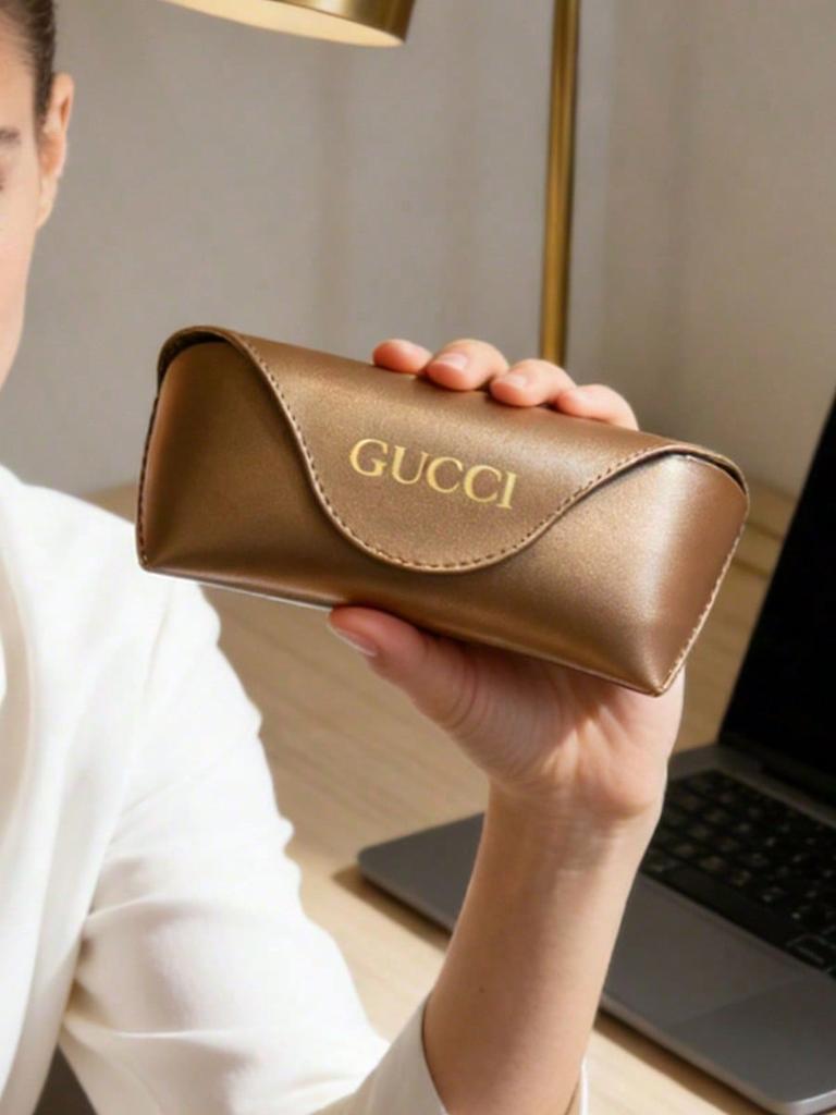 Gucci brown leather hard-case sunglasses case with gold logo